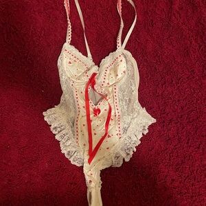 Fredericks of Hollywood lace, vintage red and white bodysuit